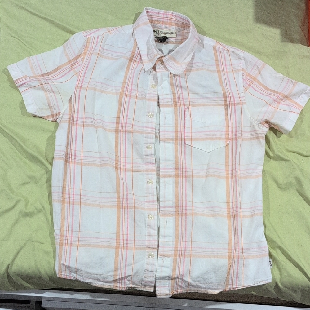 OK!Jeans Men's White Orange Pink Plaid Button-Down Shirt